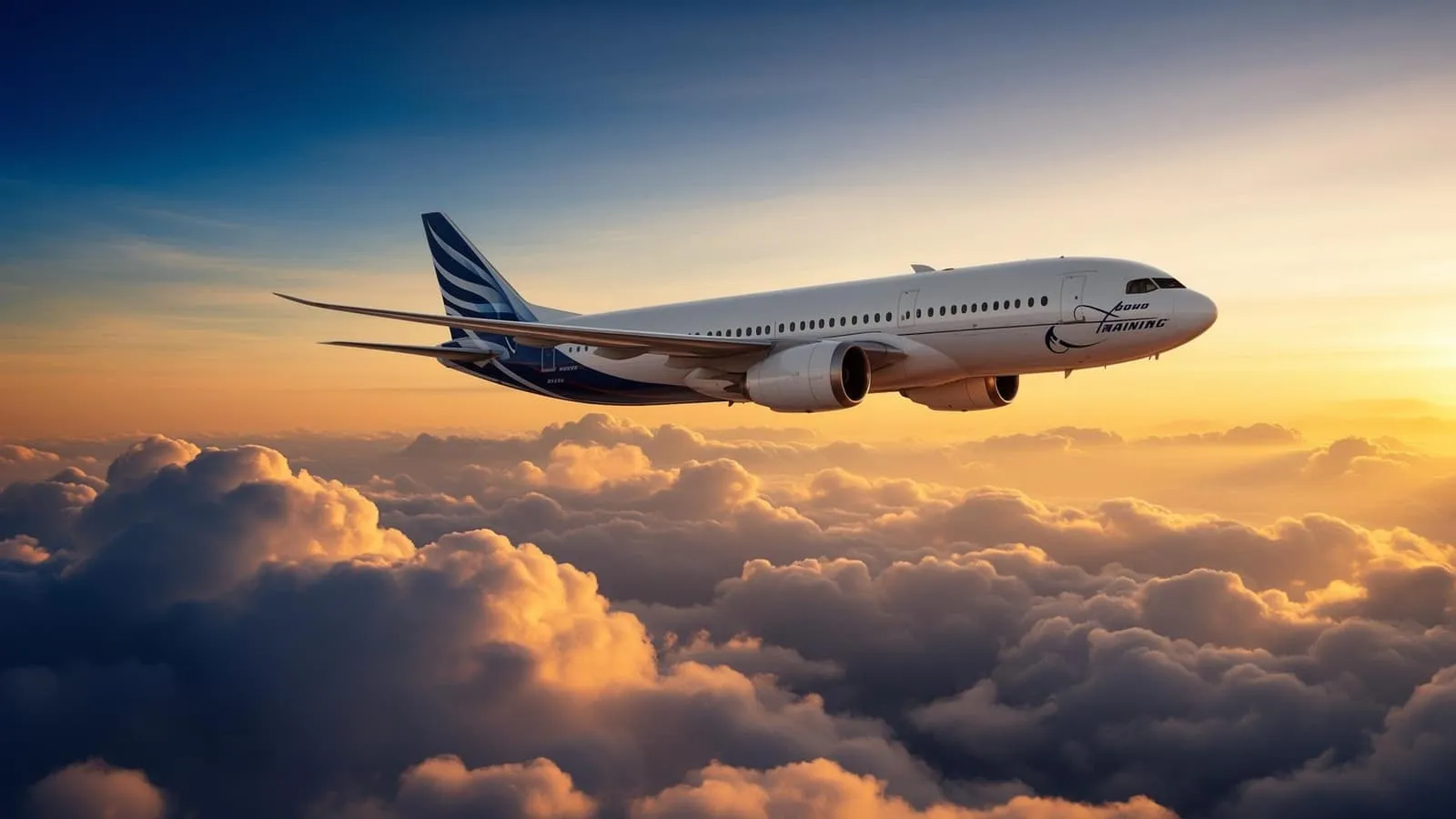 Commercial aircraft flying through clouds